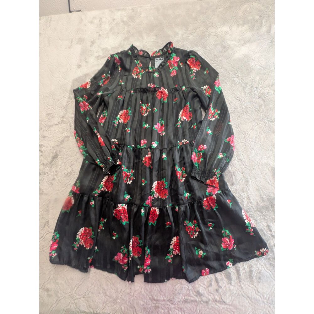 Cat & Jack Girls XL 14 Black Floral Tiered Long Sleeve Dress Cottagecore
